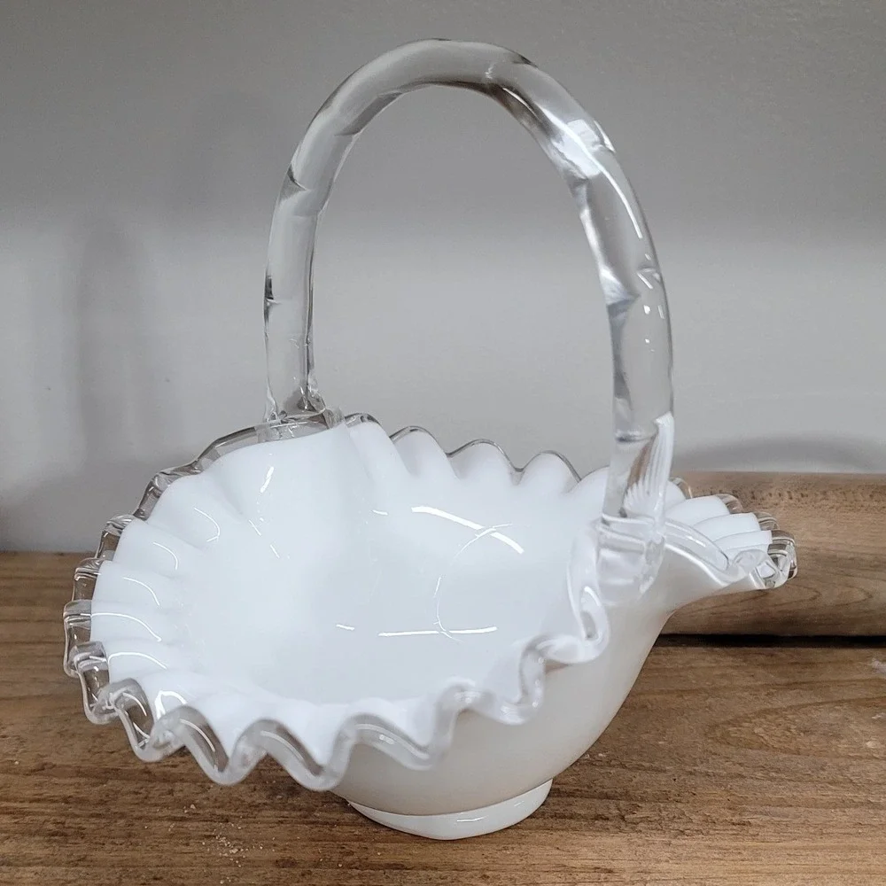 Vintage Fenton Milk Glass Basket Silver Crest Ruffled Edge Bamboo Handle 6.5in